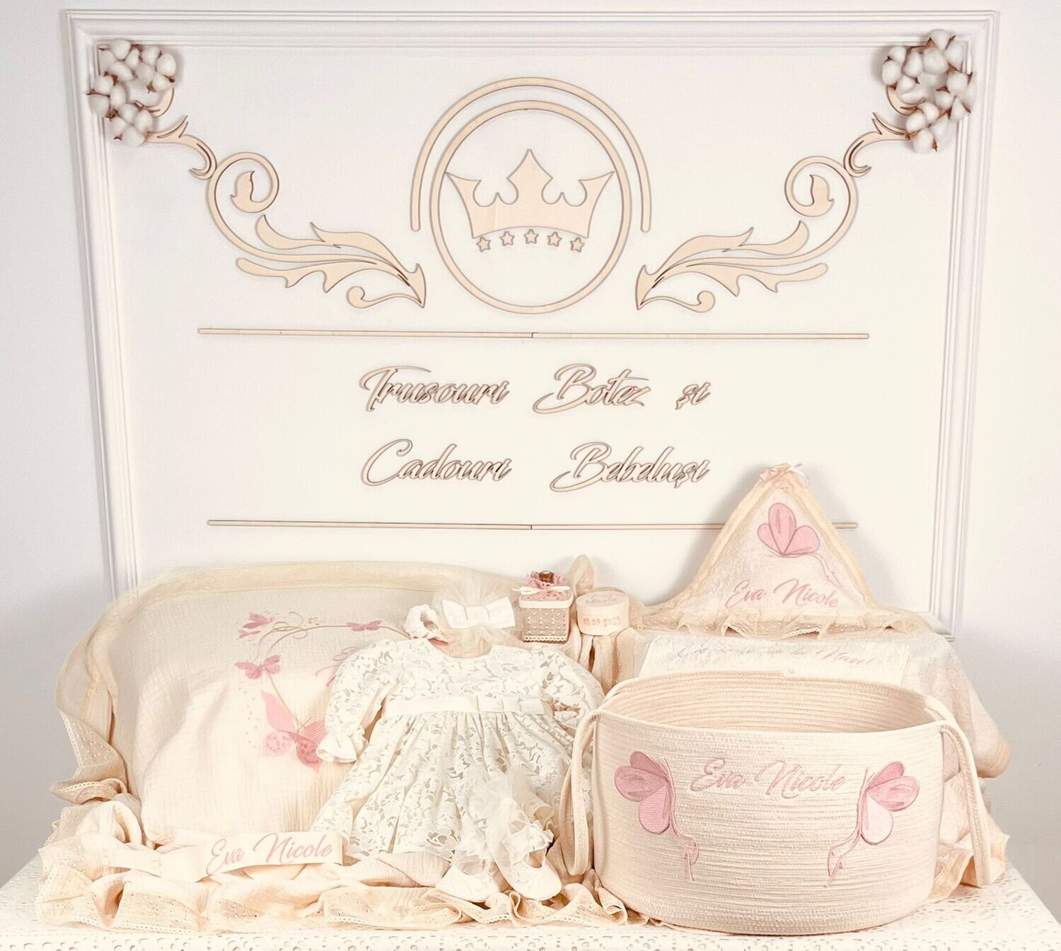 Trusou Botez Bumbac si Fluturi  Eva Nicole - Set Biserica Premium