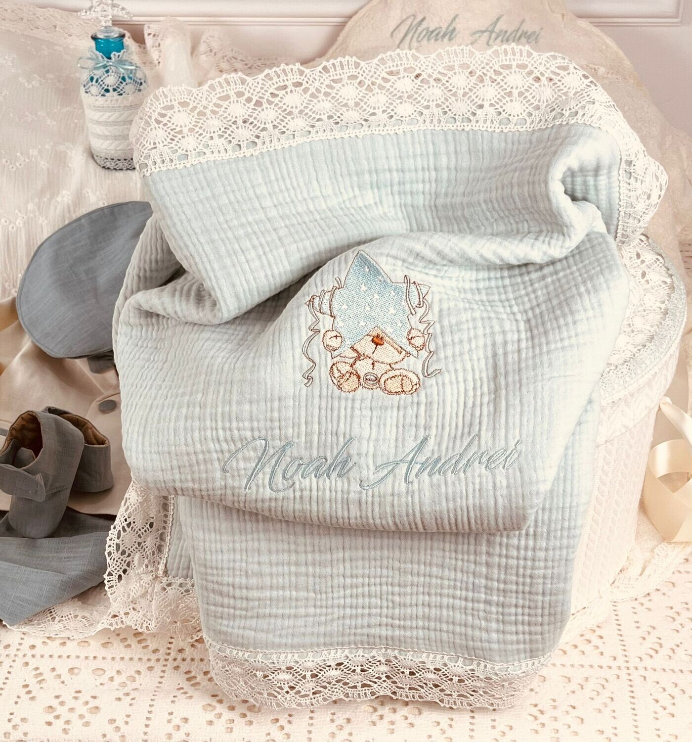 Trusou Botez Muselina Urs cu stea Noah - Set Biserica Premium
