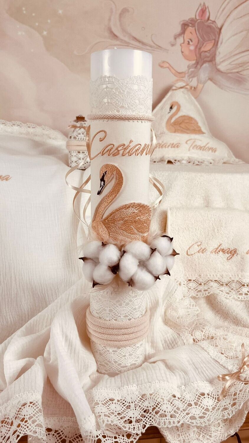 Trusou Botez Muslin Personalizat Lebada - Set Biserica Premium