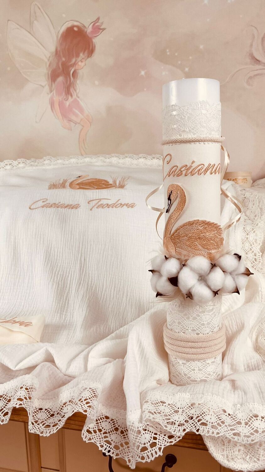 Trusou Botez Muslin Personalizat Lebada - Set Biserica Premium