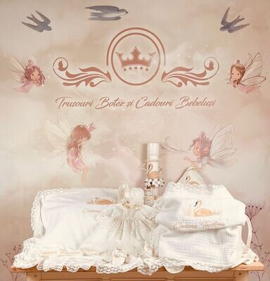 Trusou Botez Muslin Personalizat Lebada - Set Biserica Premium