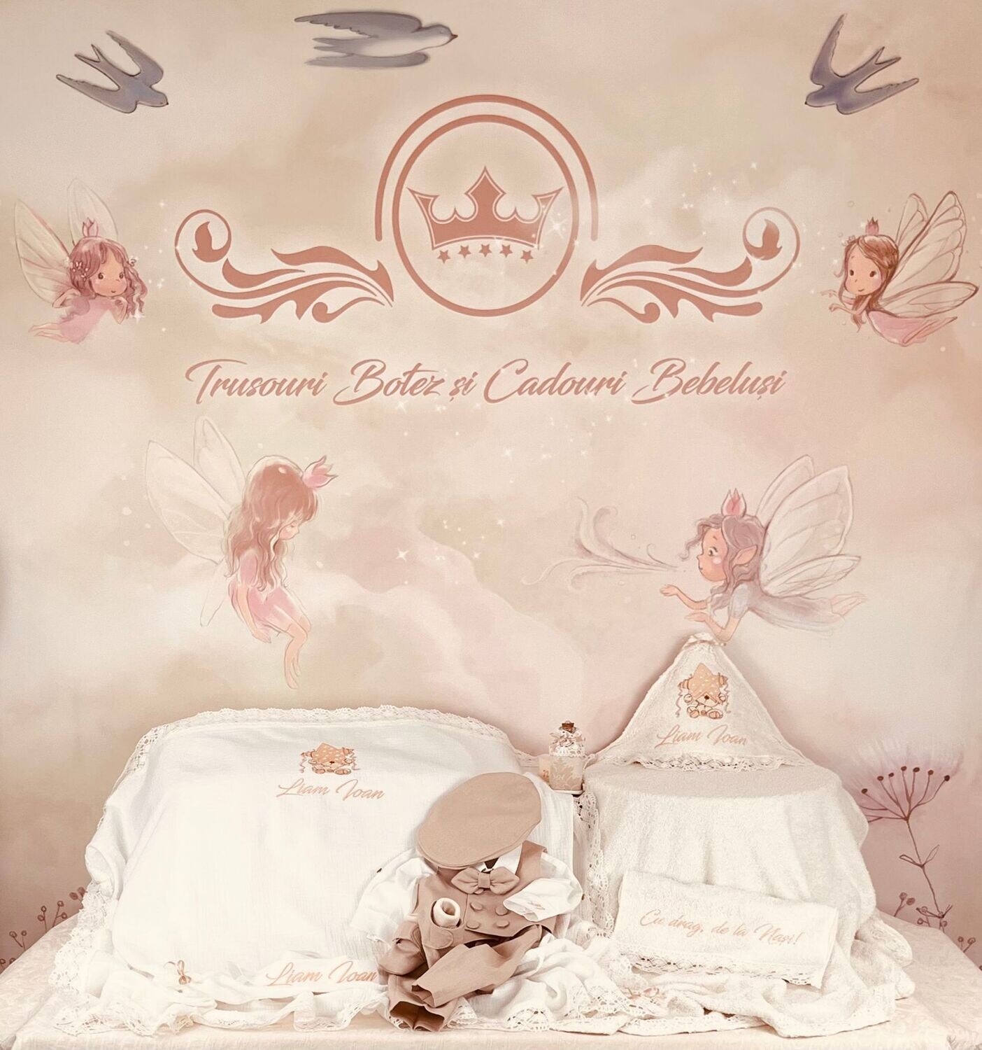 Trusou Botez Personalizat Muslin Ursulet Crem - Set Biserica Premium