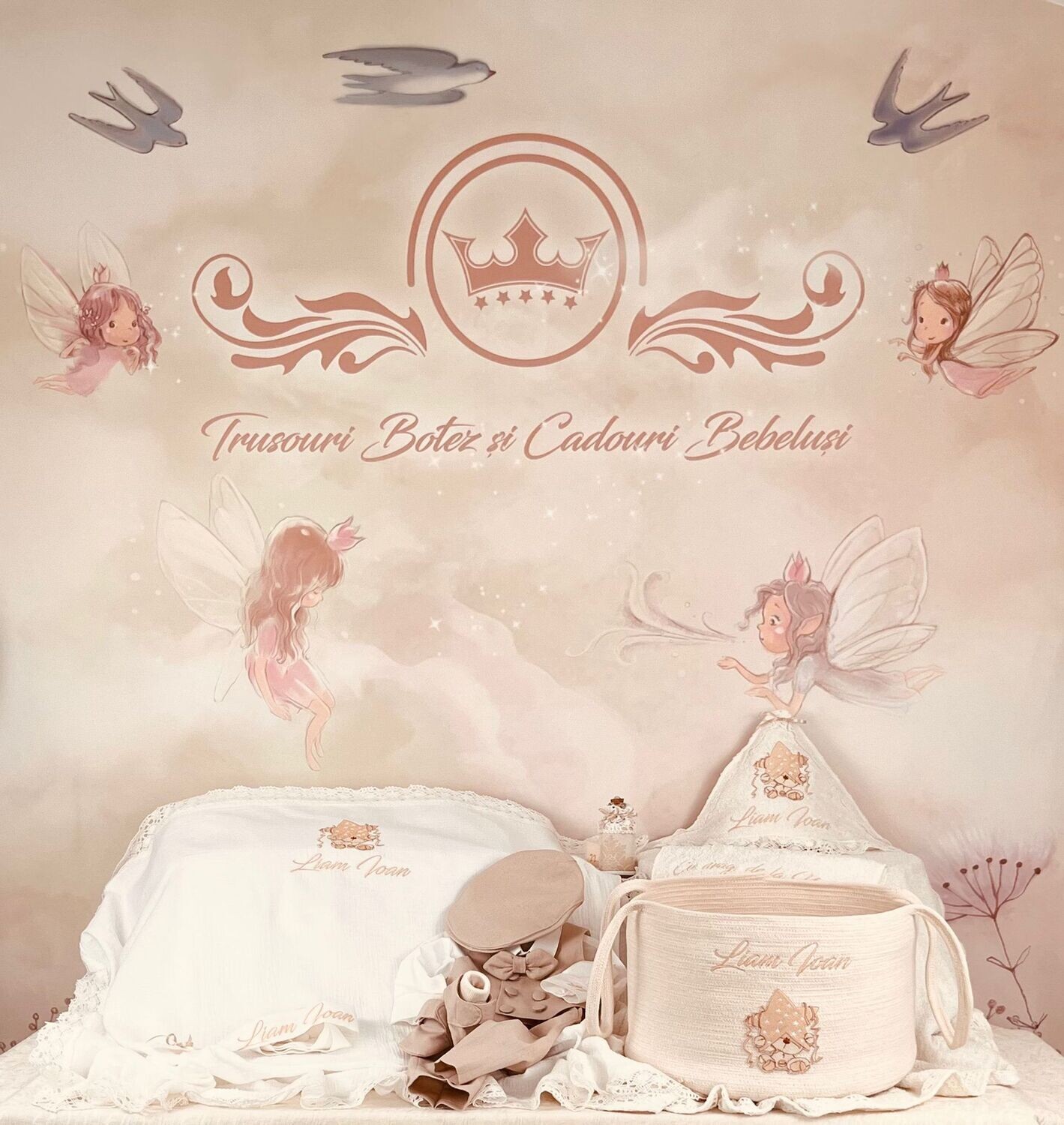 Trusou Botez Personalizat Muslin Ursulet Crem - Set Biserica Premium