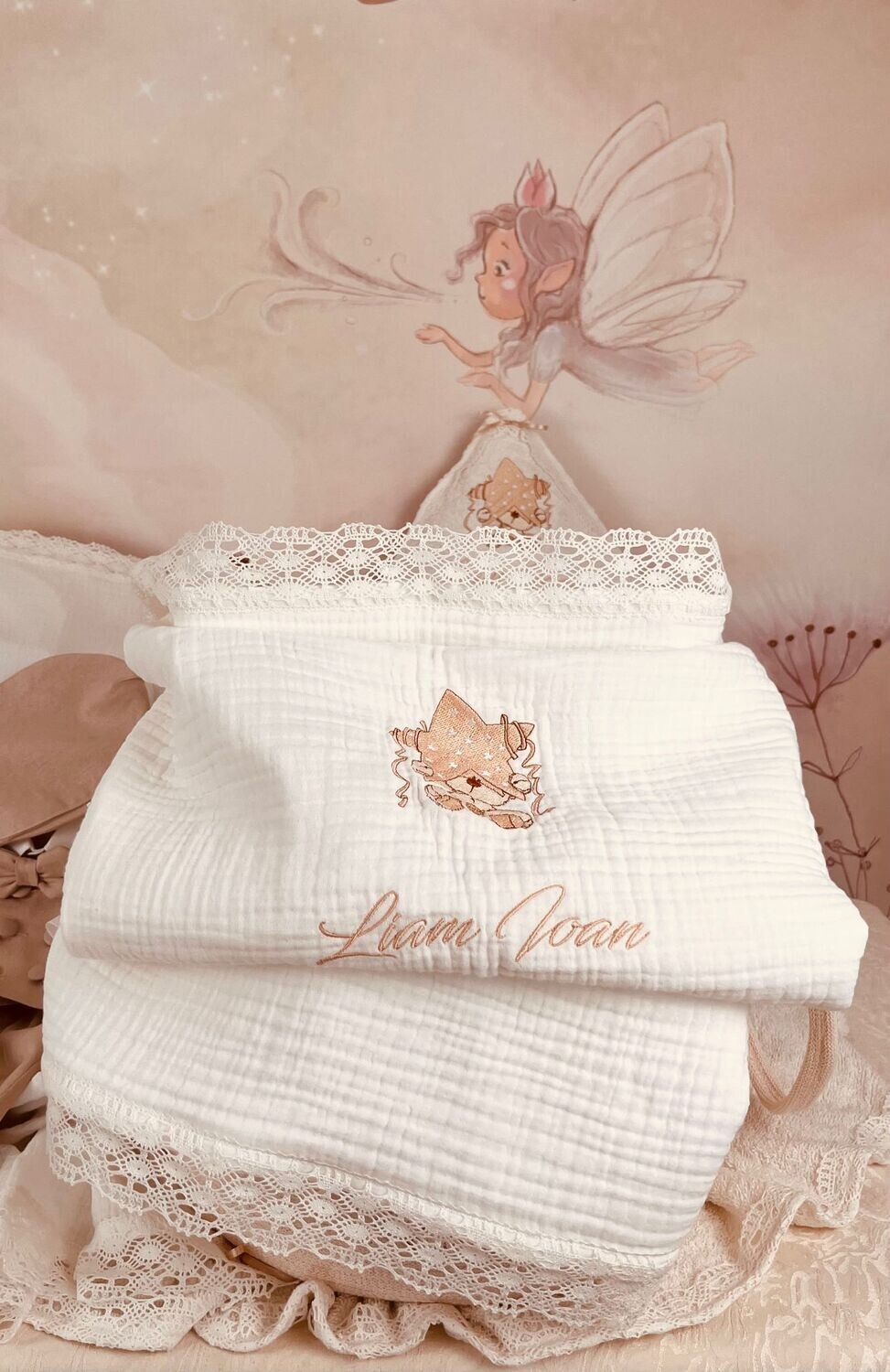 Trusou Botez Personalizat Muslin Ursulet Crem - Set Biserica Premium