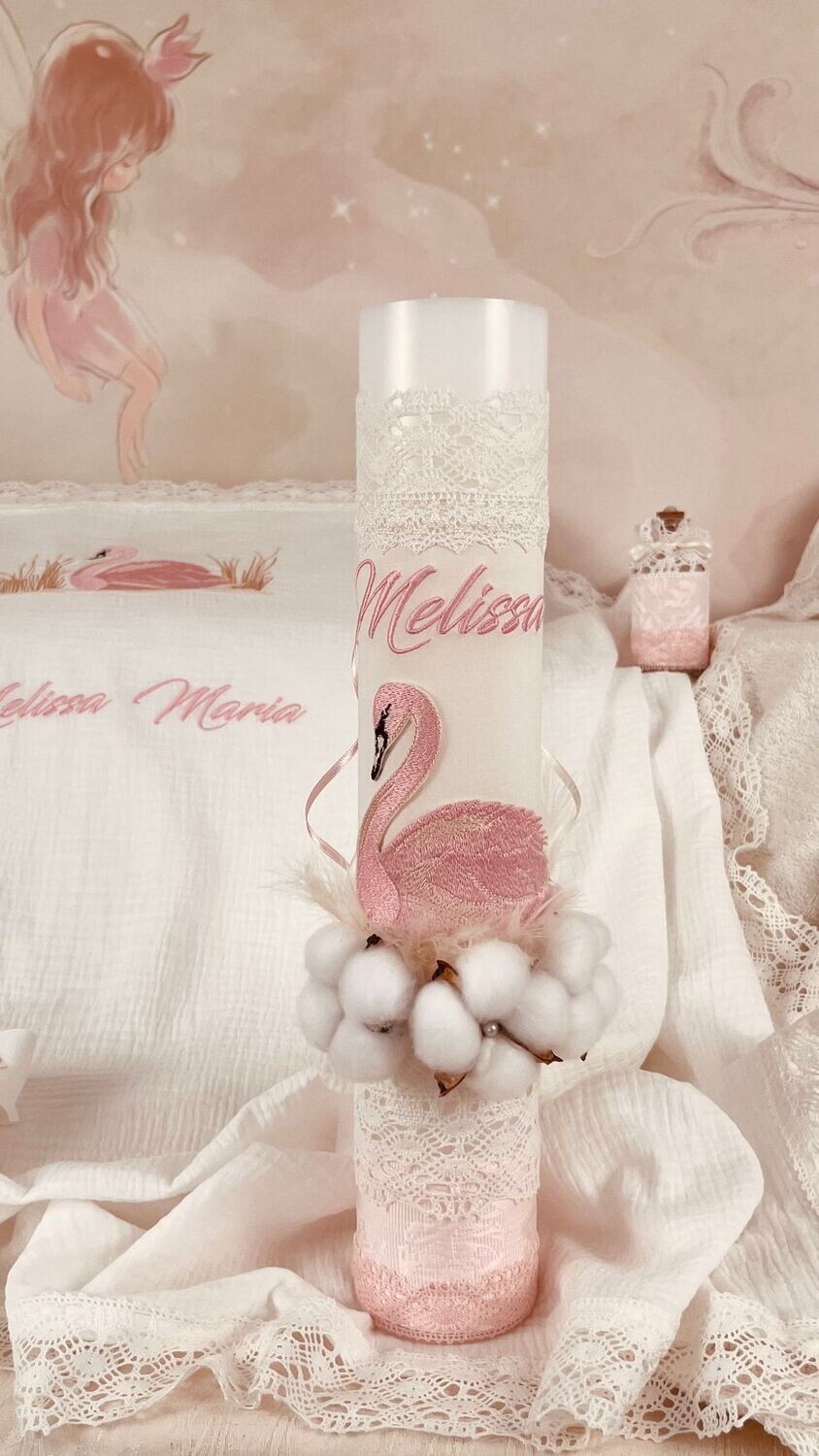 Trusou Botez Personalizat Muslin Lebada roz - Set Biserica