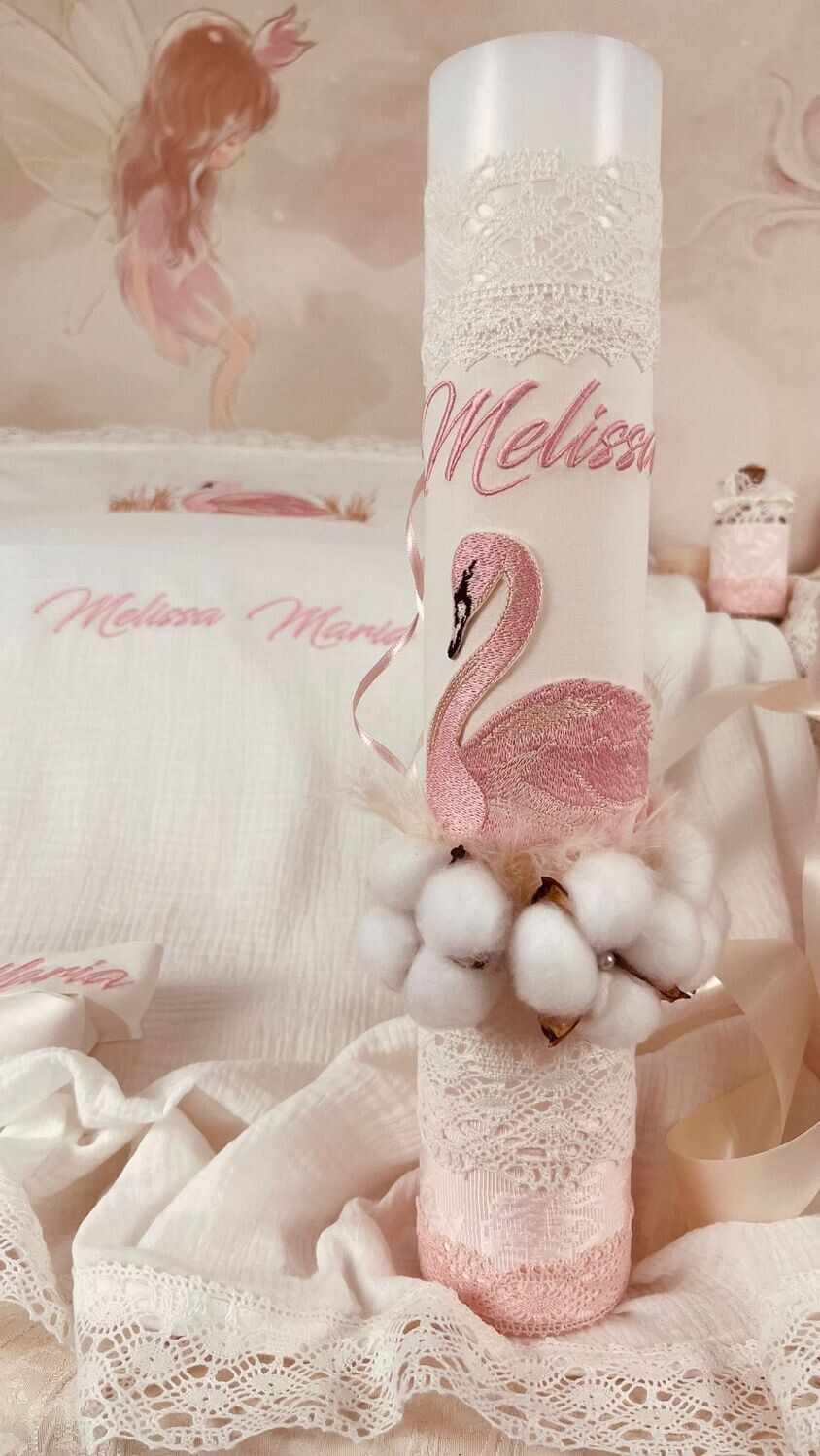 Trusou Botez Personalizat Muslin Lebada roz - Set Biserica