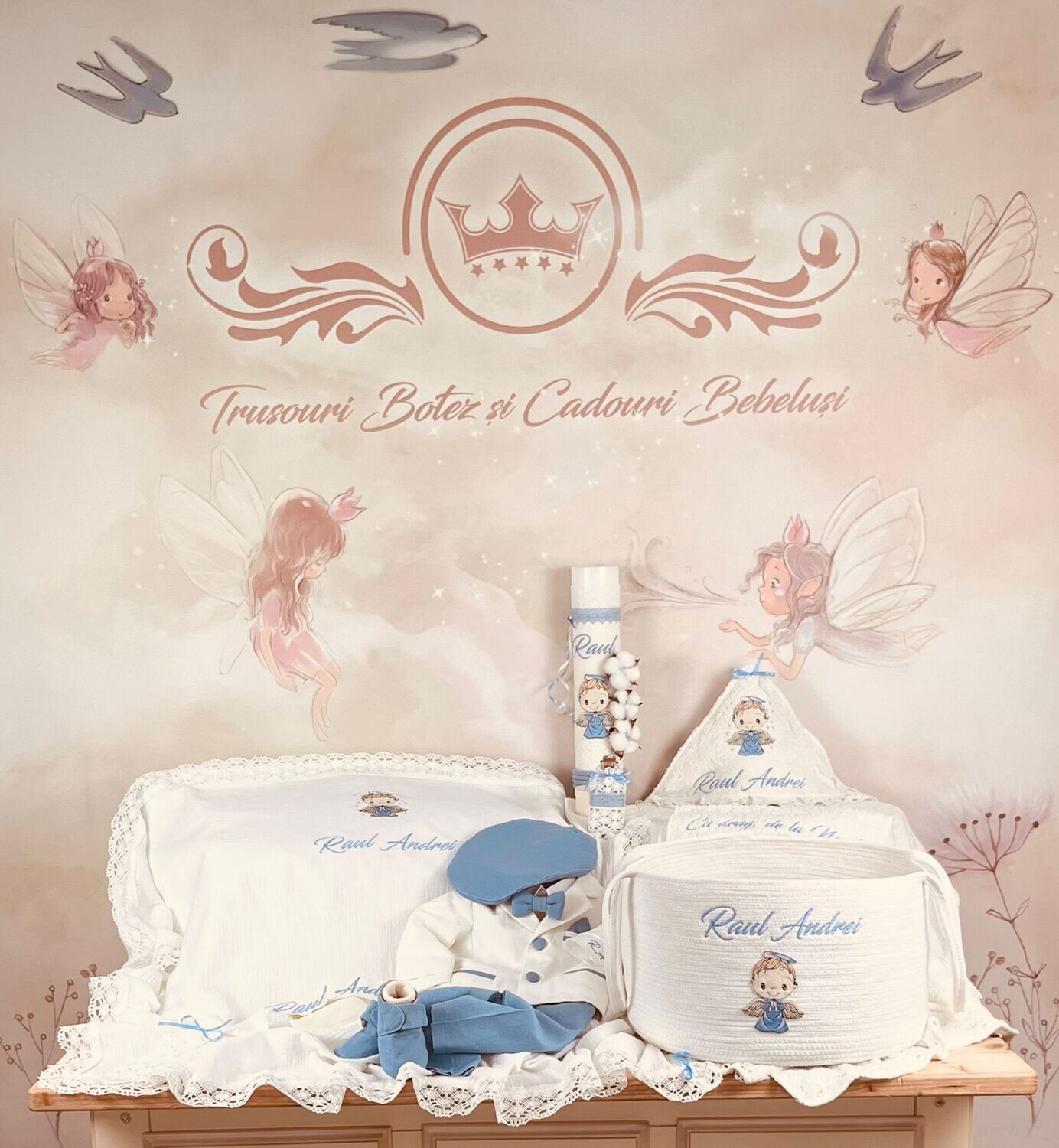 Trusou Botez Personalizat Ingeras Bleu - Set Biserica Premium