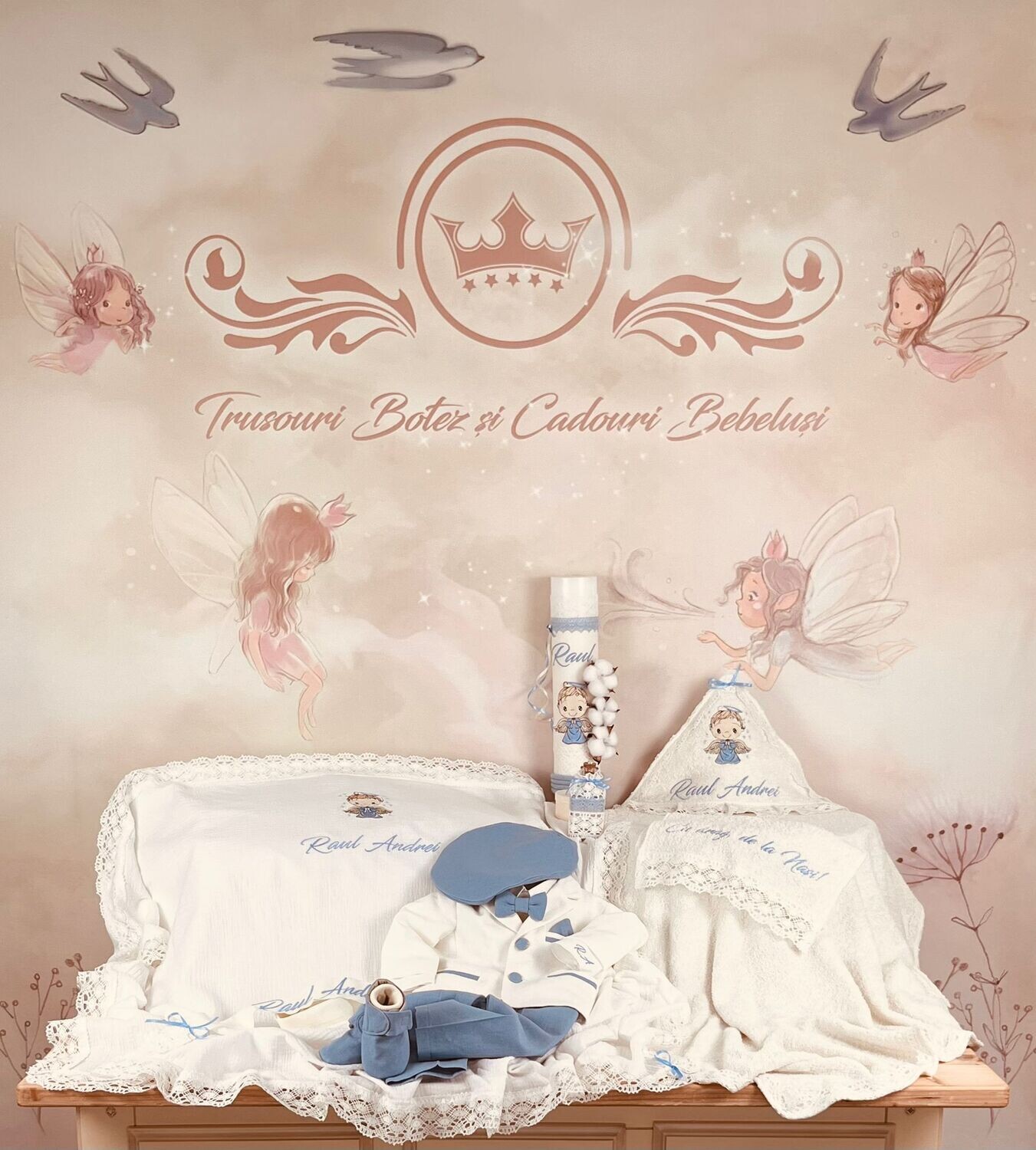 Trusou Botez Personalizat Ingeras Bleu - Set Biserica Premium