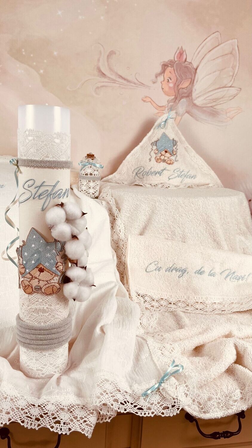 Trusou Botez Personalizat Urs cu stea aqua- Set Biserica Premium