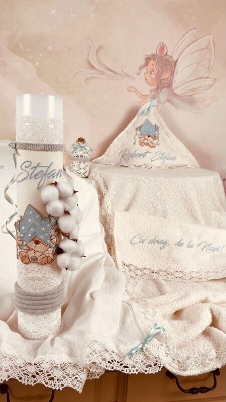 Trusou Botez Personalizat Urs cu stea aqua- Set Biserica Premium