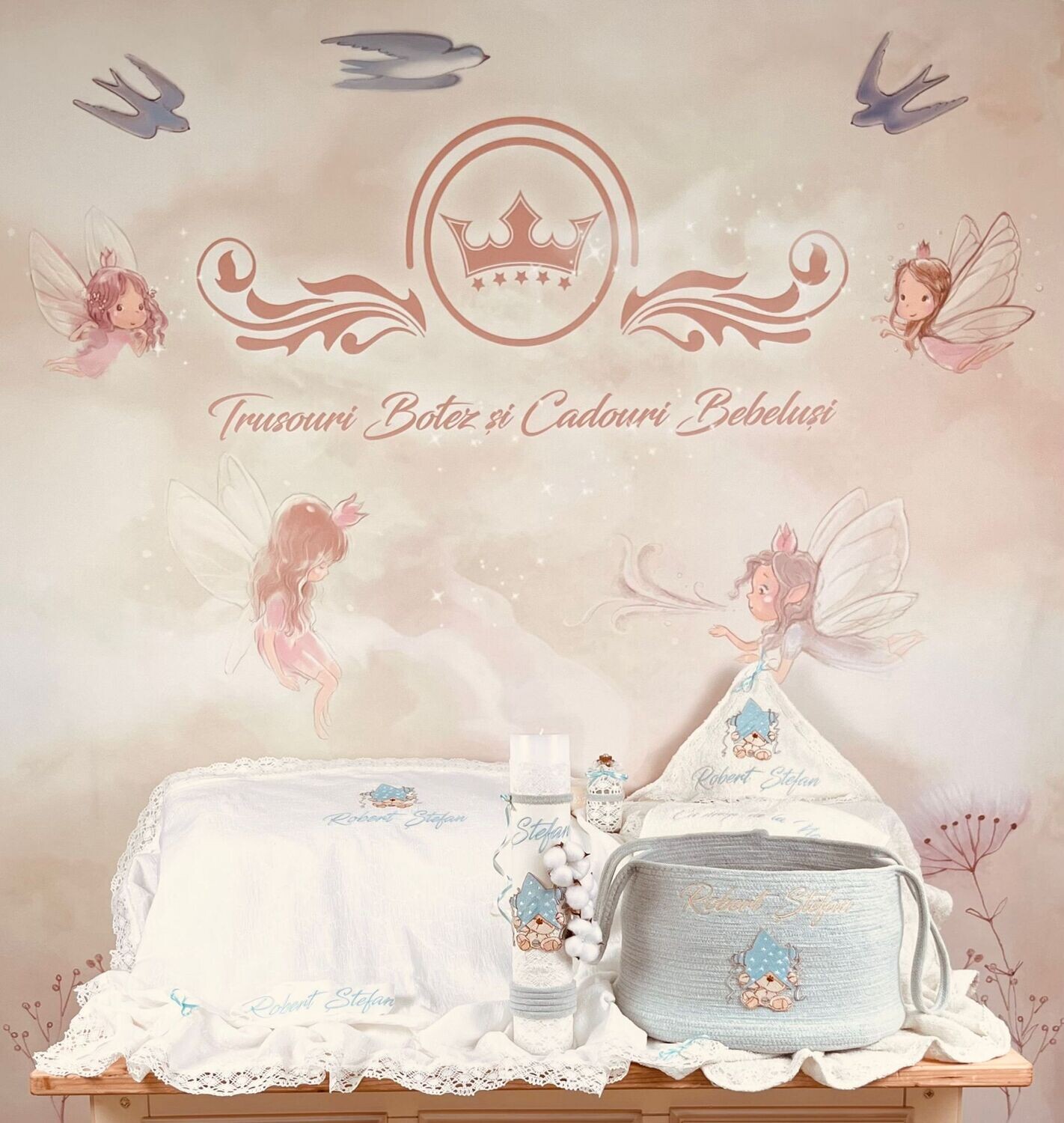 Trusou Botez Personalizat Urs cu stea aqua- Set Biserica Premium