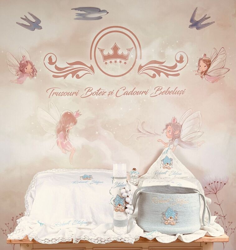 Trusou Botez Personalizat Urs cu stea aqua- Set Biserica Premium