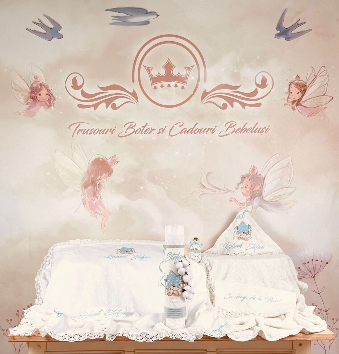 Trusou Botez Personalizat Urs cu stea aqua- Set Biserica Premium