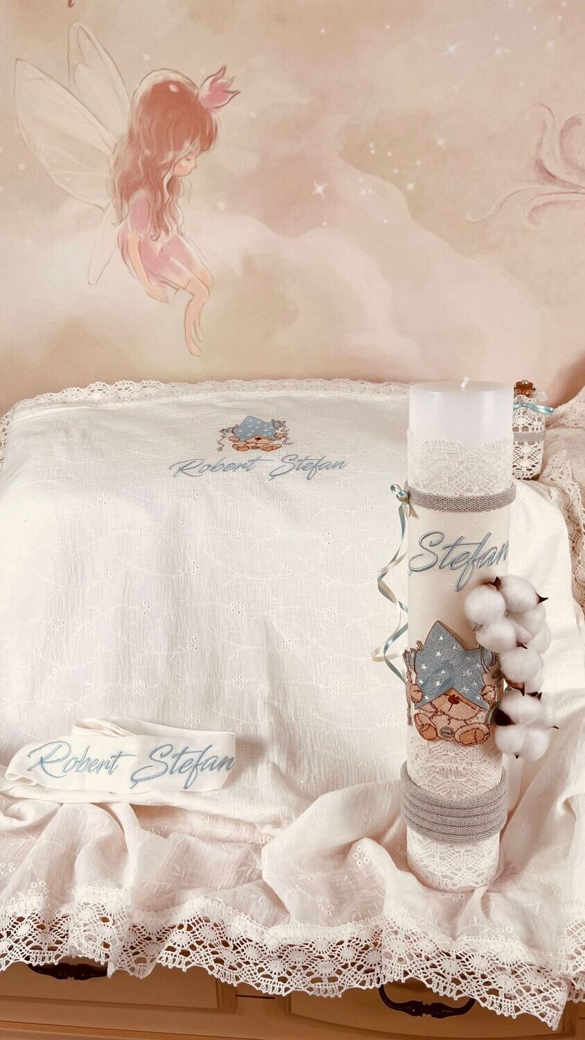 Trusou Botez Personalizat Urs cu stea aqua- Set Biserica Premium