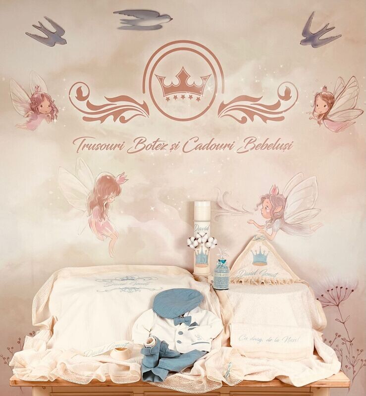 trusou pentru botez , lumanare pentru botez , paturica muselina , cos pentru trusou