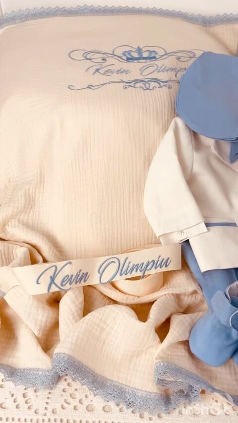 Trusou Botez Personalizat Muslin Blue nou - Set Biserica