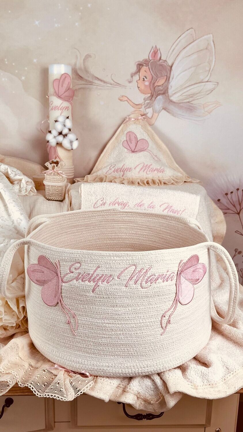 Trusou Botez Personalizat Bumbac si Fluturi nou - Set Biserica