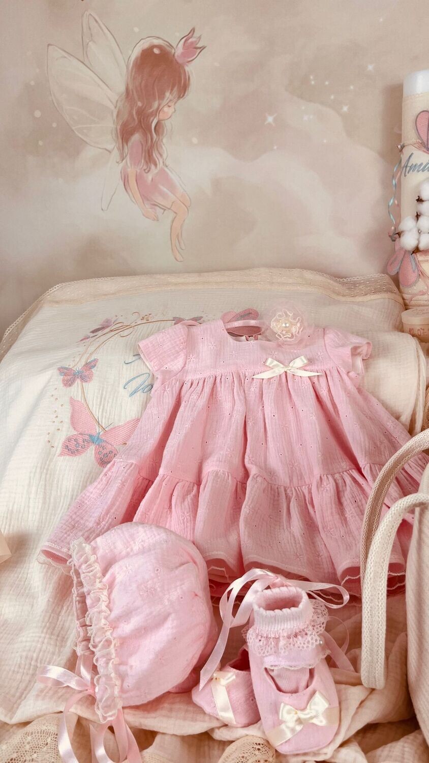 Trusou Botez Bumbac si fluturi pink &amp; aqua nou - Set Biserica
