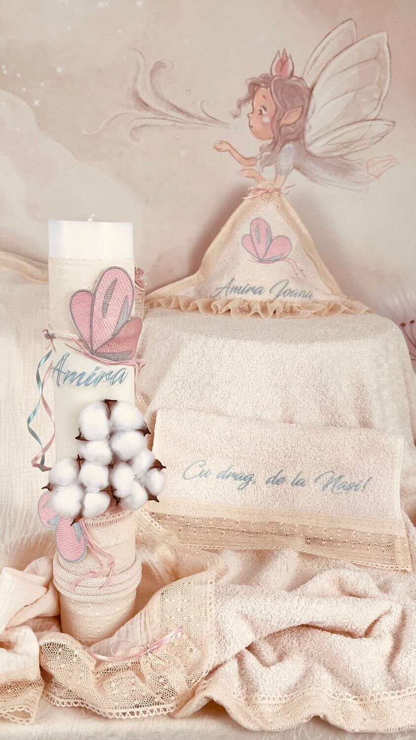 Trusou Botez Bumbac si fluturi pink &amp; aqua nou - Set Biserica