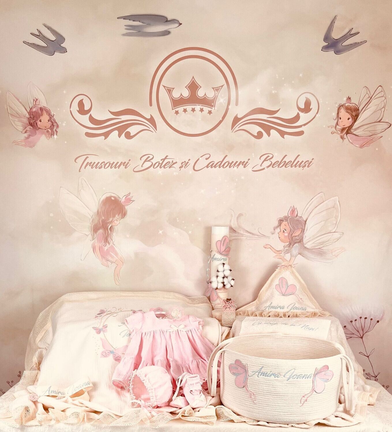 Trusou Botez Bumbac si fluturi pink &amp; aqua nou - Set Biserica