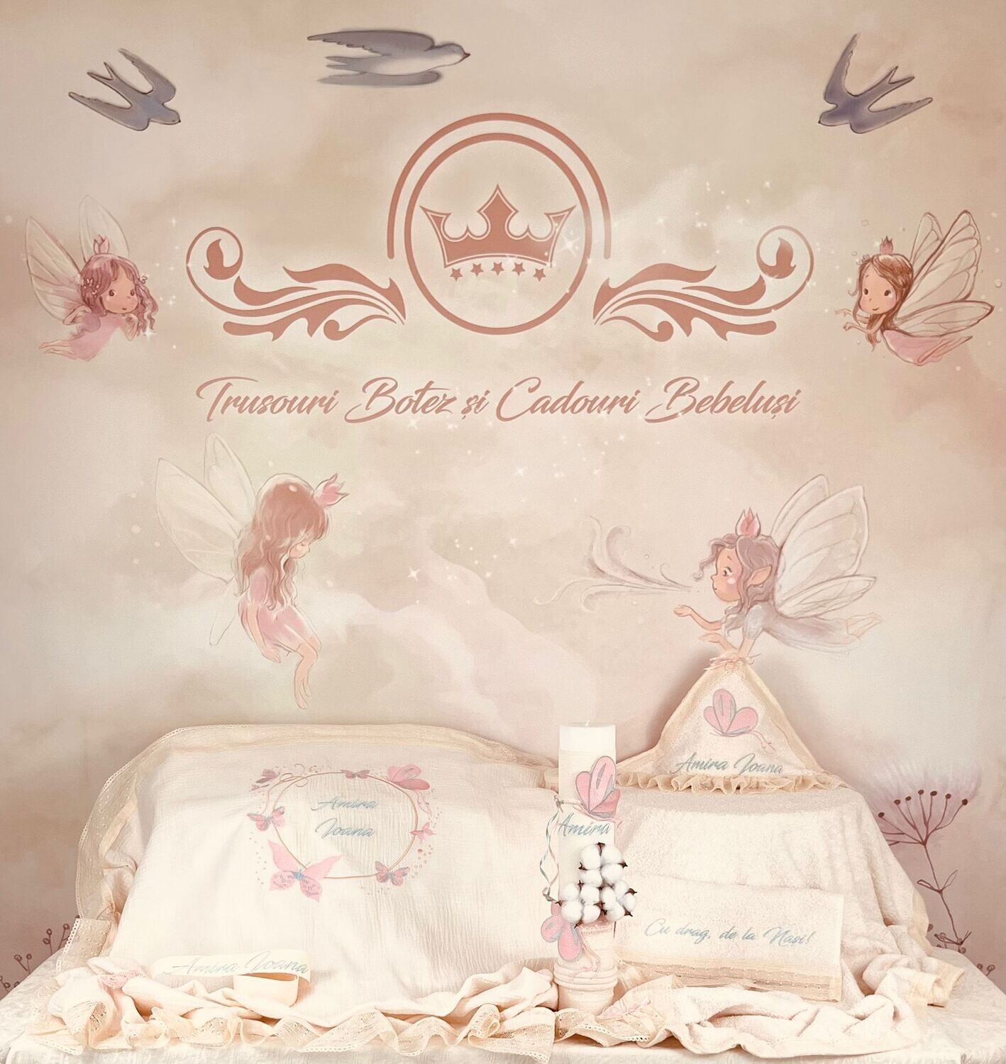 Trusou Botez Bumbac si fluturi pink &amp; aqua nou - Set Biserica