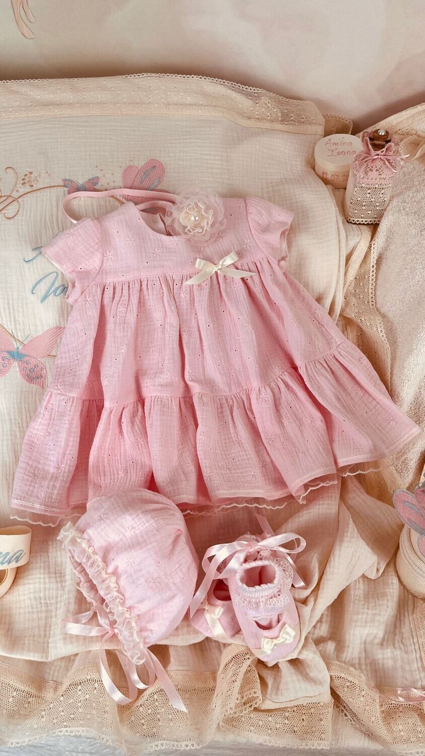 Trusou Botez Bumbac si fluturi pink &amp; aqua nou - Set Biserica