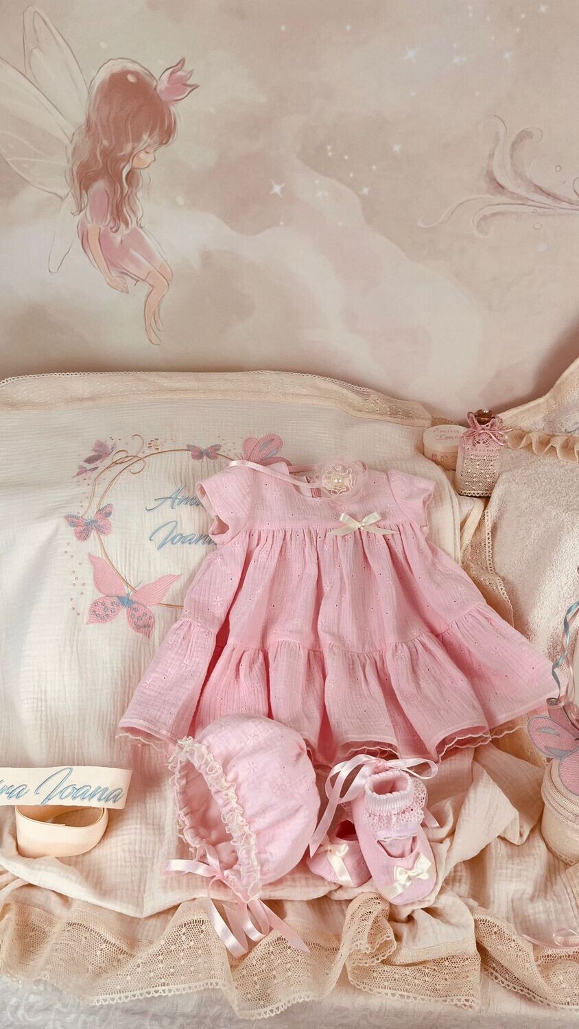 Trusou Botez Bumbac si fluturi pink &amp; aqua nou - Set Biserica
