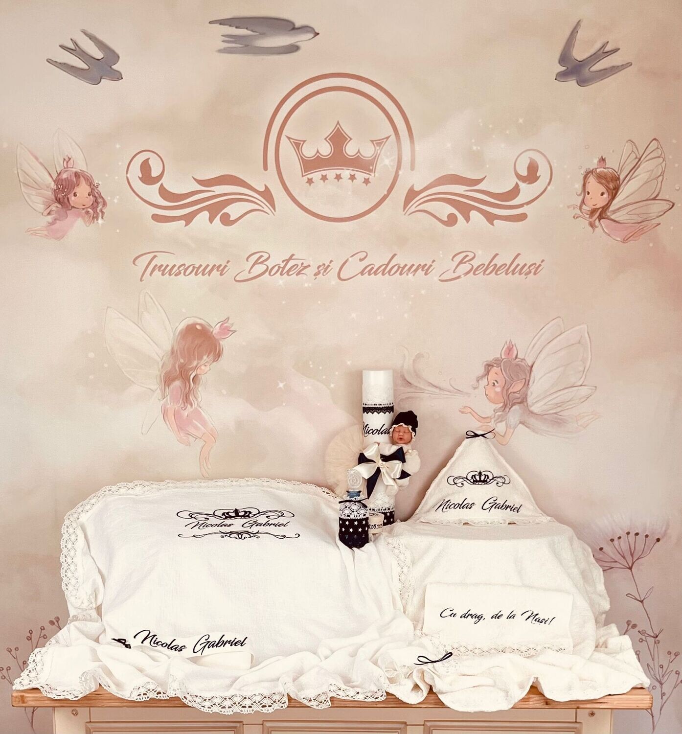 Trusou Botez Personalizat Muslin Royal Nicolas - Set Biserica
