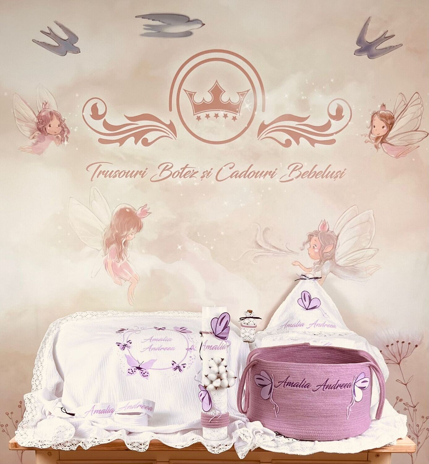 Trusou Botez Personalizat Fluturi Lila Amalia - Set Biserica