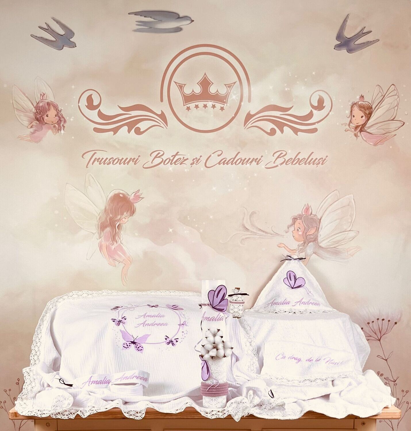 Trusou Botez Personalizat Fluturi Lila Amalia - Set Biserica