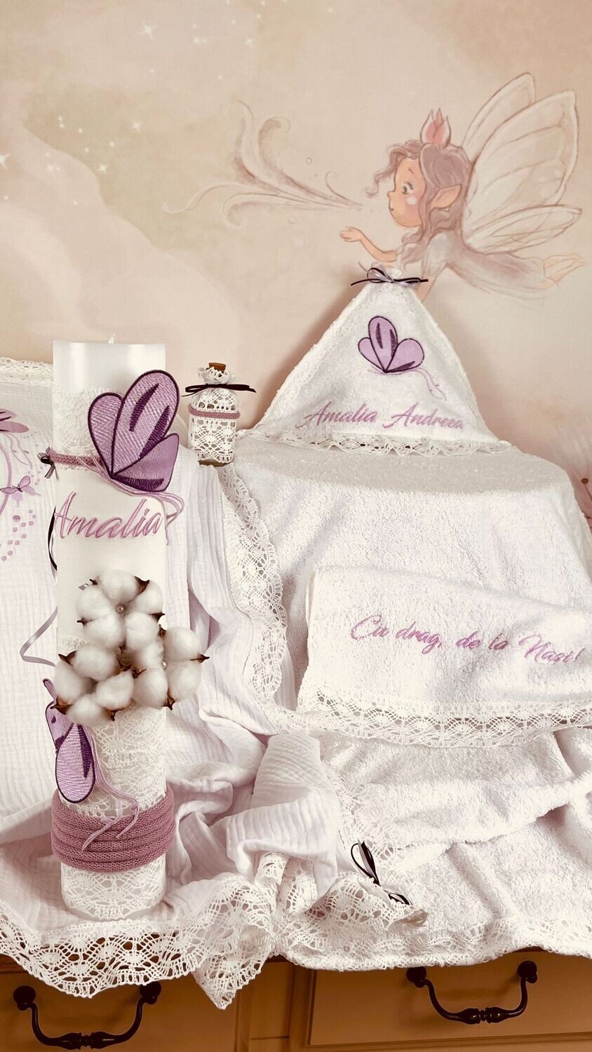 Trusou Botez Personalizat Fluturi Lila Amalia - Set Biserica
