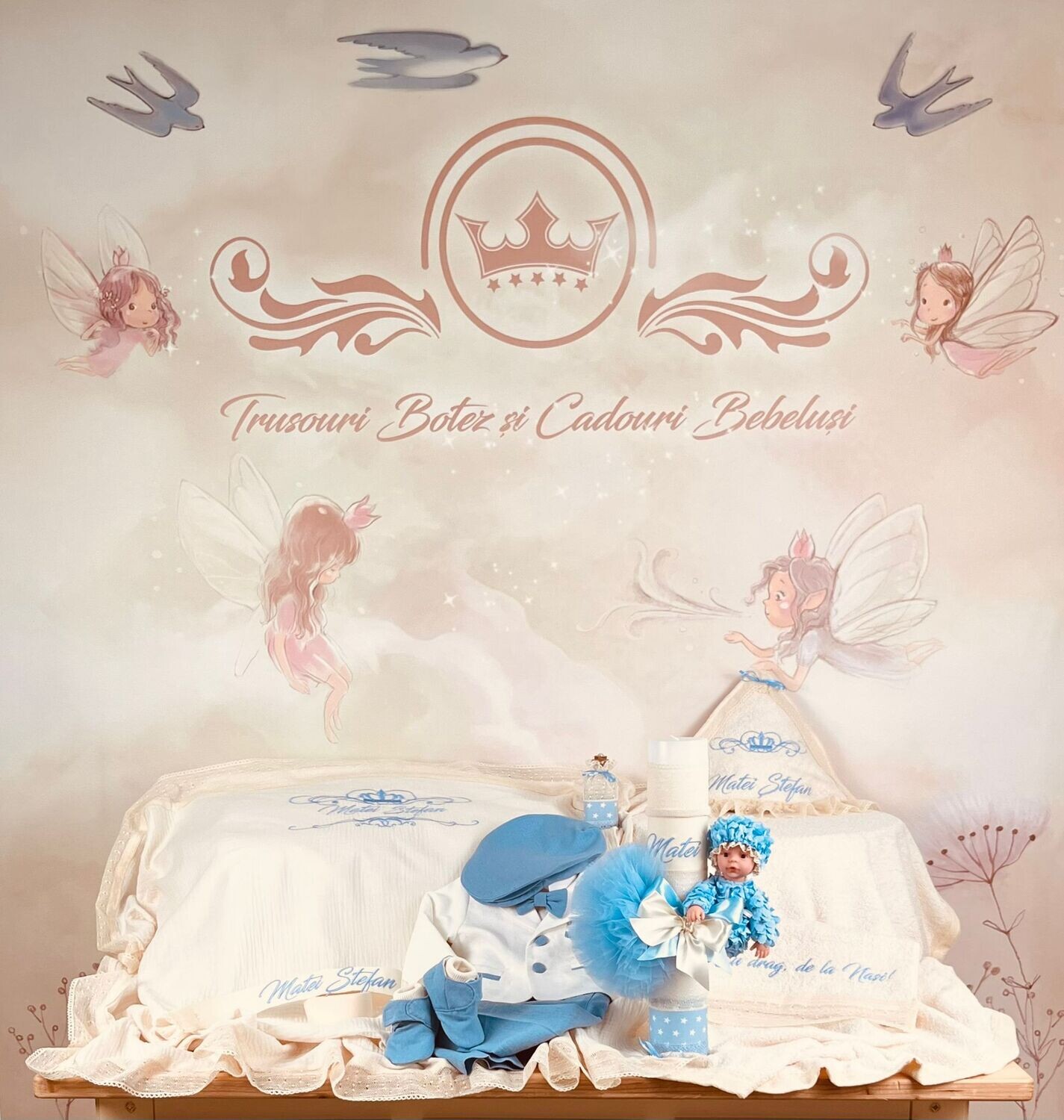 Trusou Botez Muslin Royal Bleu - Set Biserica Premium