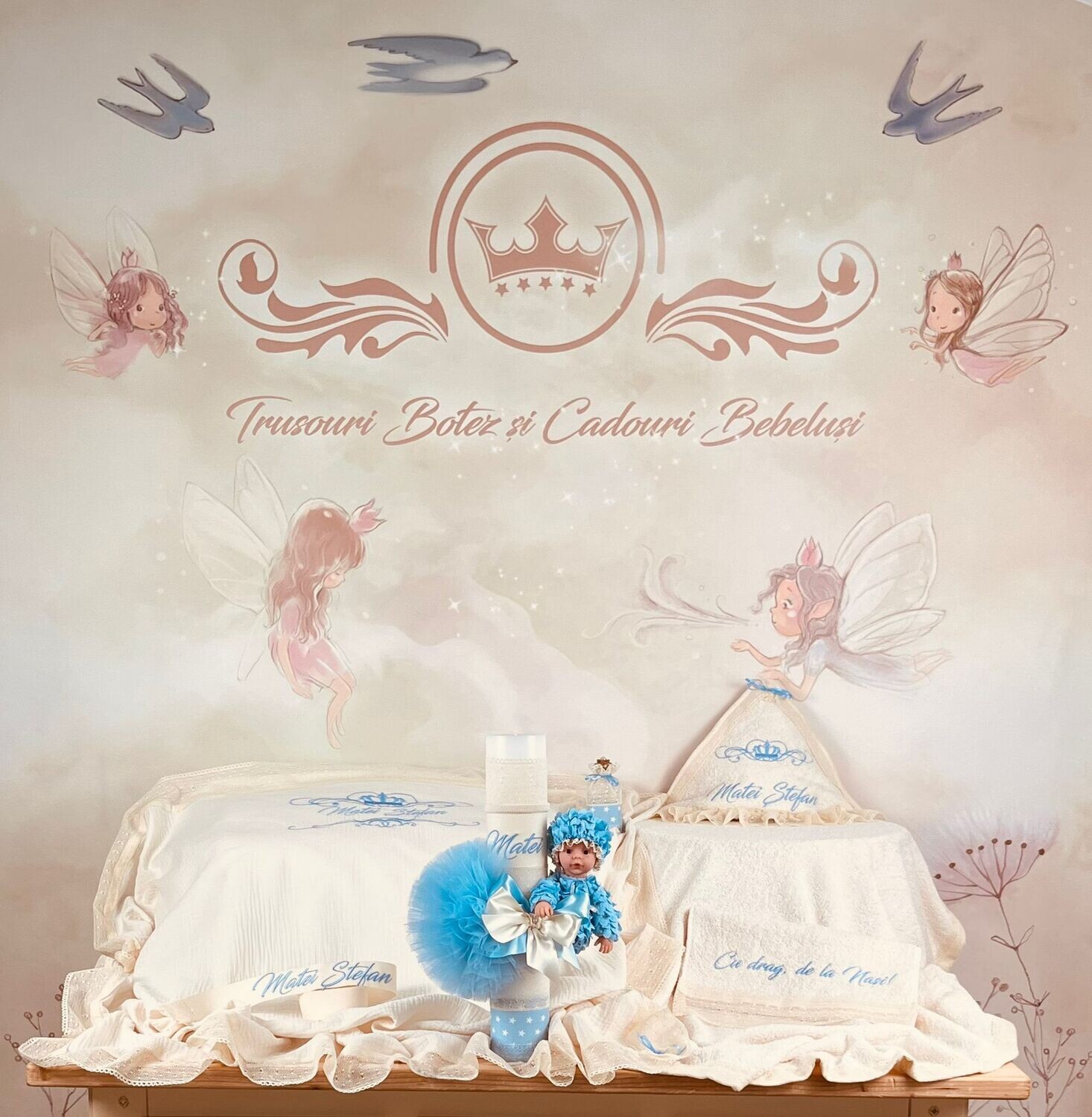 Trusou Botez Muslin Royal Bleu - Set Biserica Premium