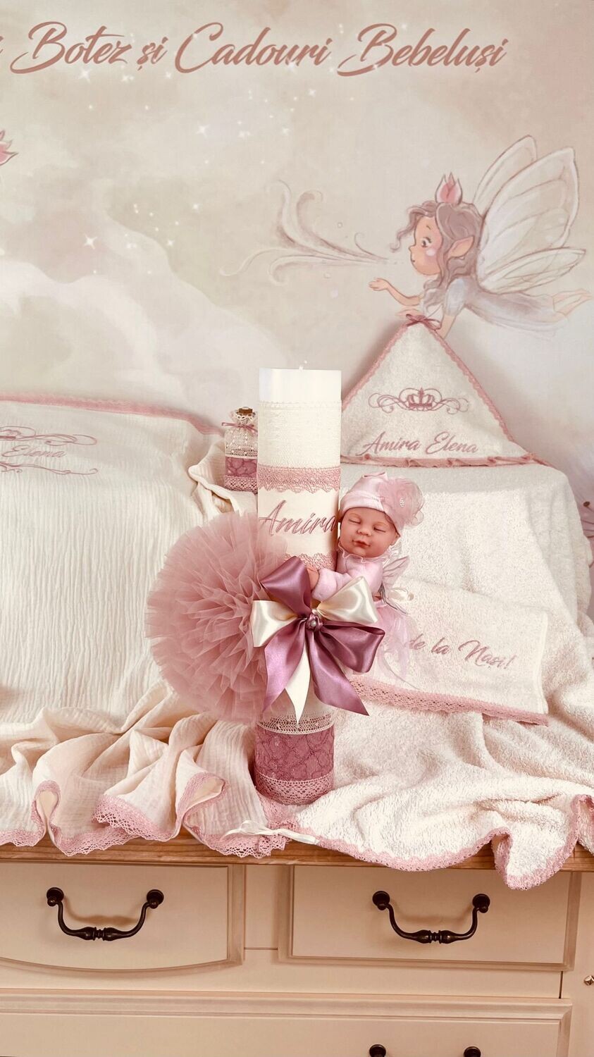 Trusou Botez Personalizat Muslin Regal roz pudra - Set Biserica