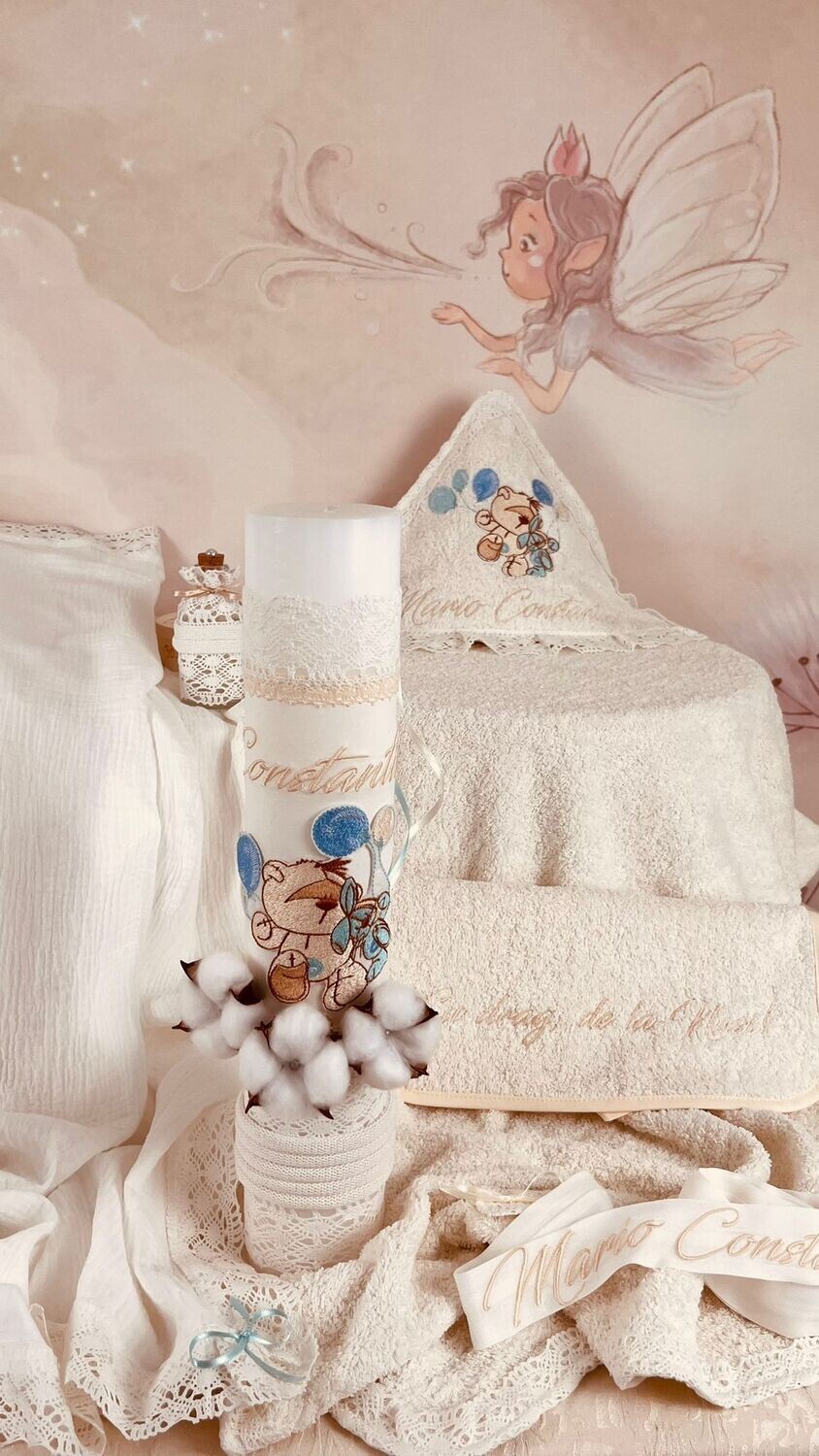 Trusou Botez Personalizat Muslin Urs cu Baloane  - Set Biserica