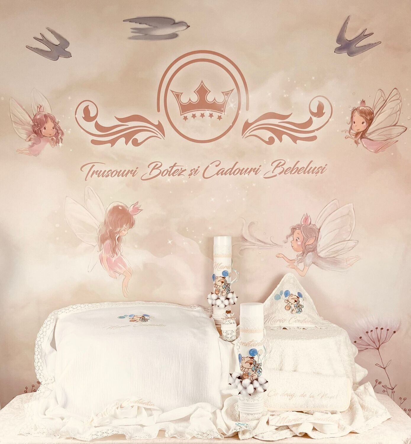 Trusou Botez Personalizat Muslin Urs cu Baloane  - Set Biserica