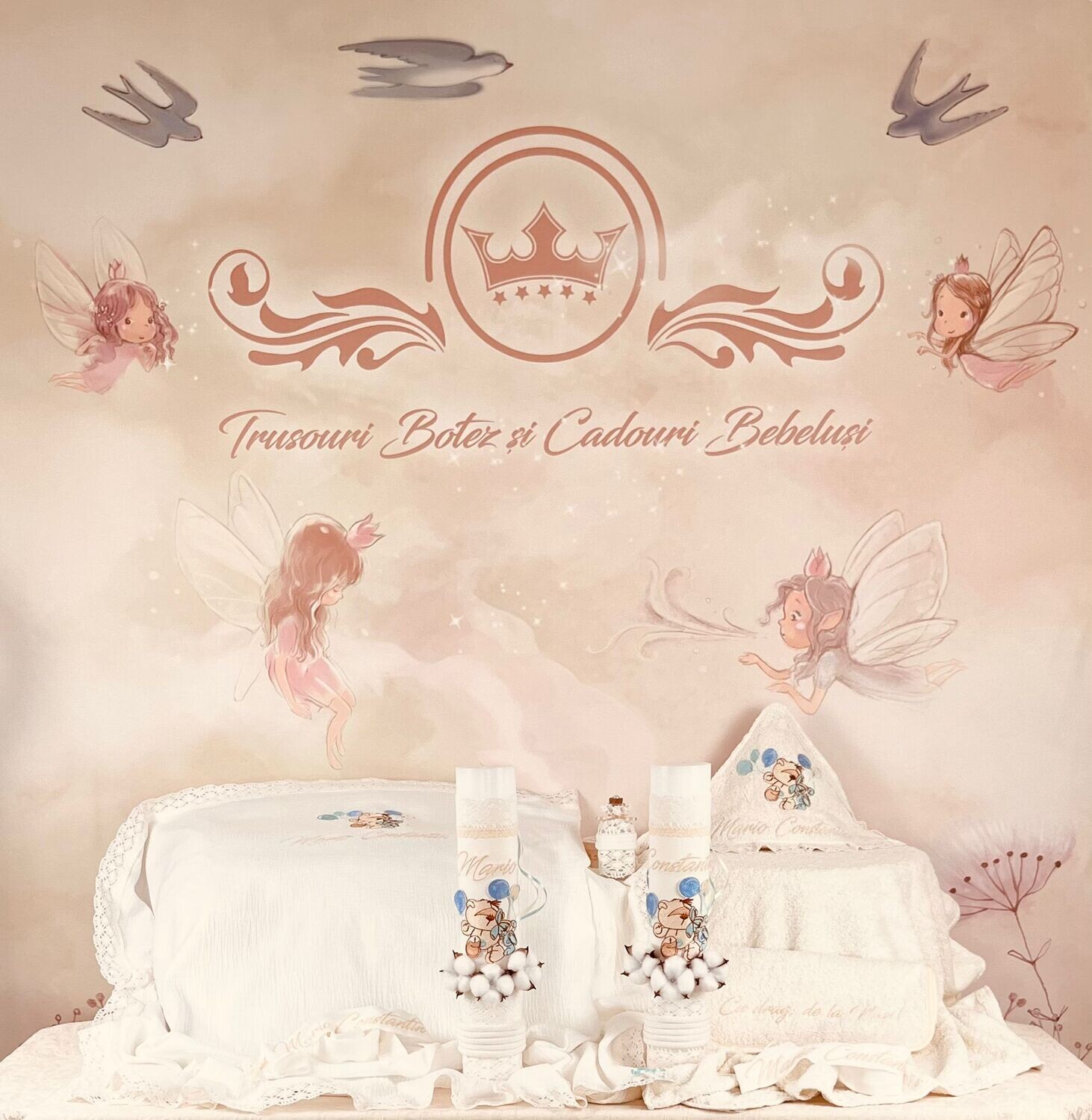 Trusou Botez Personalizat Muslin Urs cu Baloane  - Set Biserica