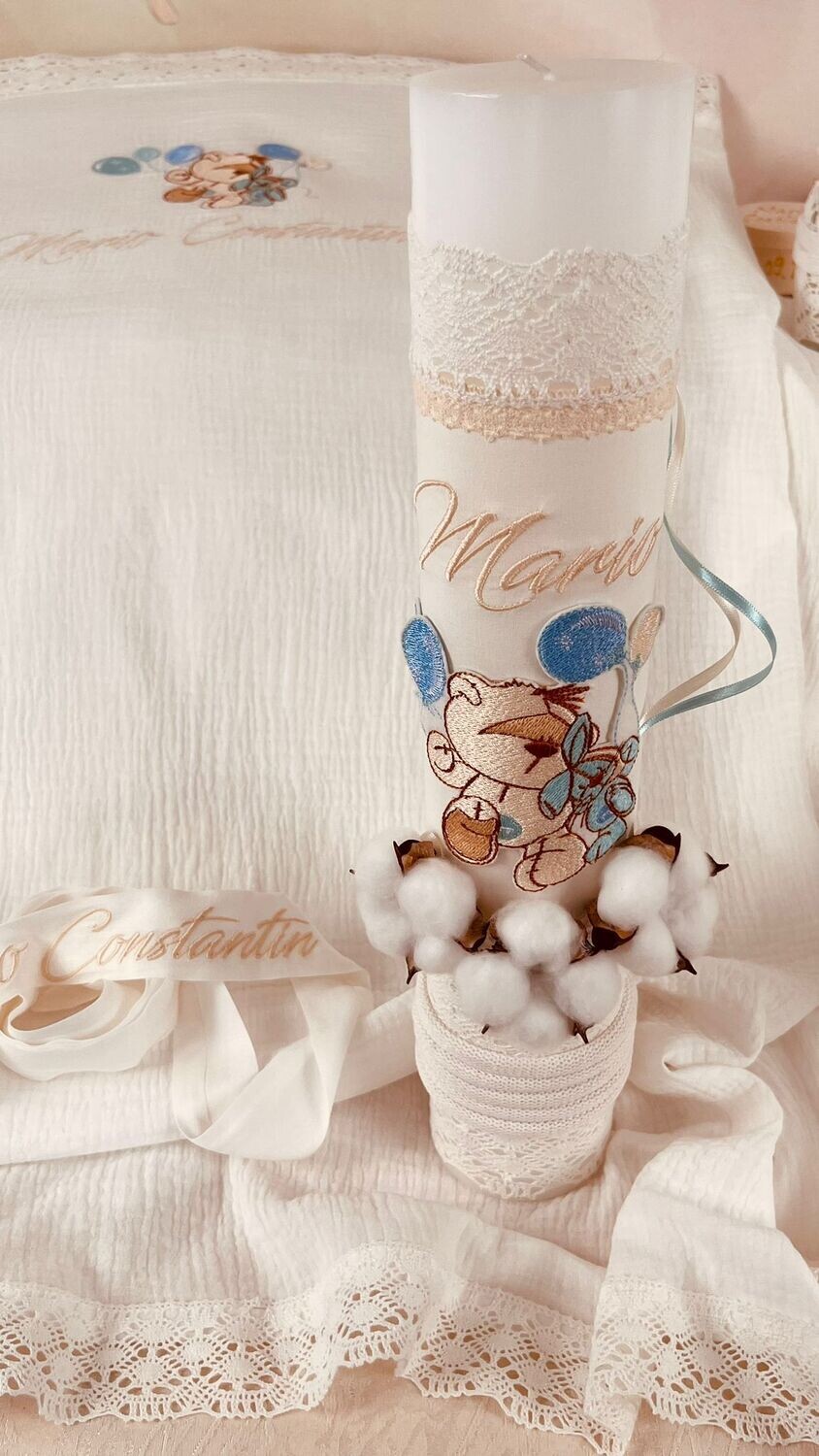 Trusou Botez Personalizat Muslin Urs cu Baloane  - Set Biserica