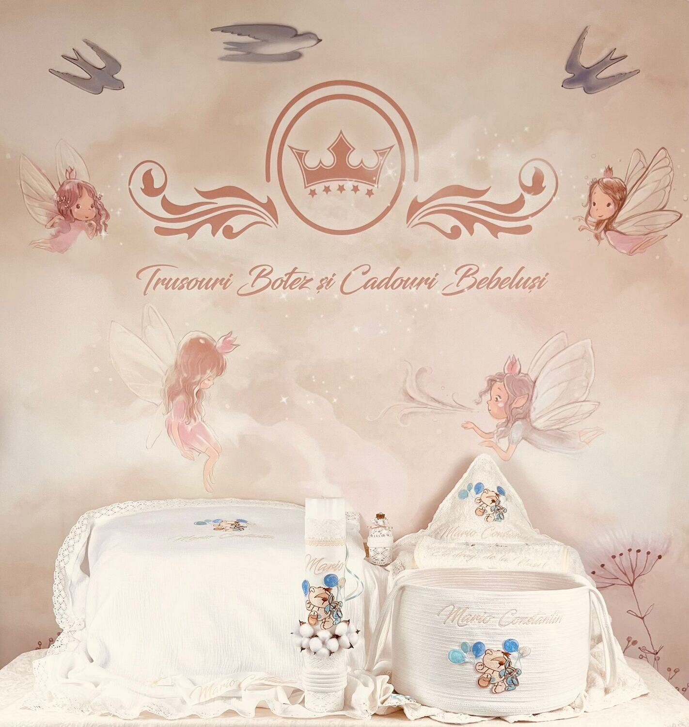 Trusou Botez Personalizat Muslin Urs cu Baloane  - Set Biserica