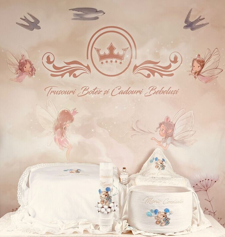 Trusou Botez Personalizat Muslin Urs cu Baloane  - Set Biserica