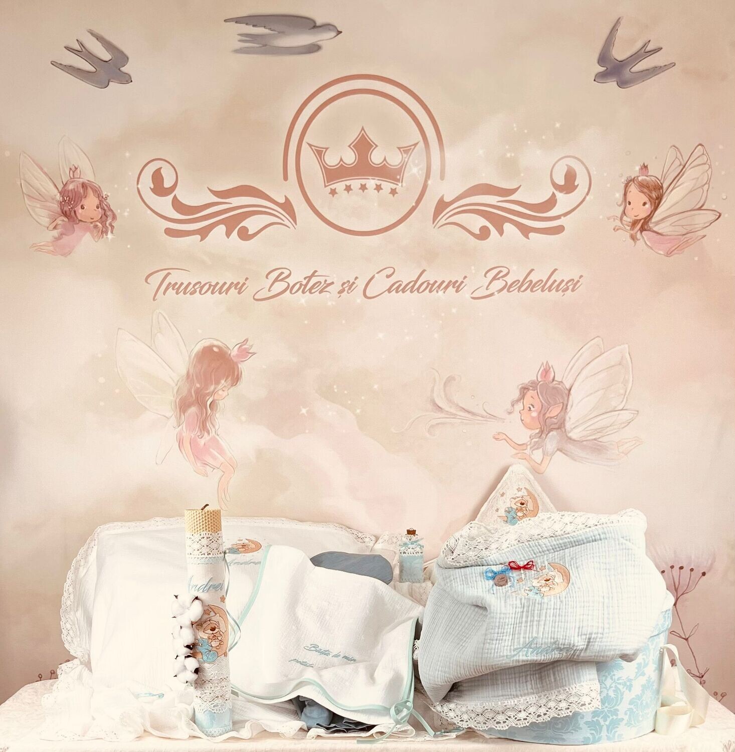 Trusou Botez Muselina Urs pe Luna - Set Biserica