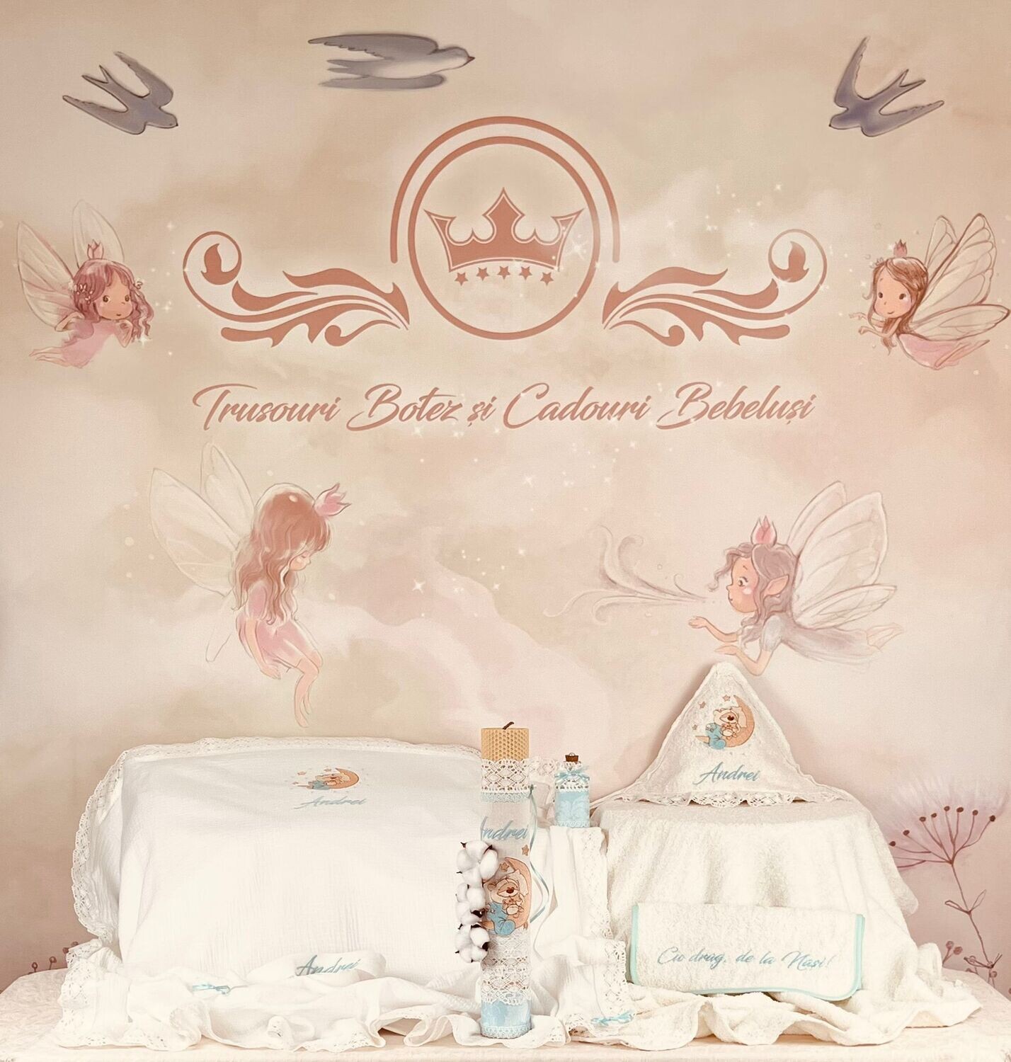 Trusou Botez Muselina Urs pe Luna - Set Biserica
