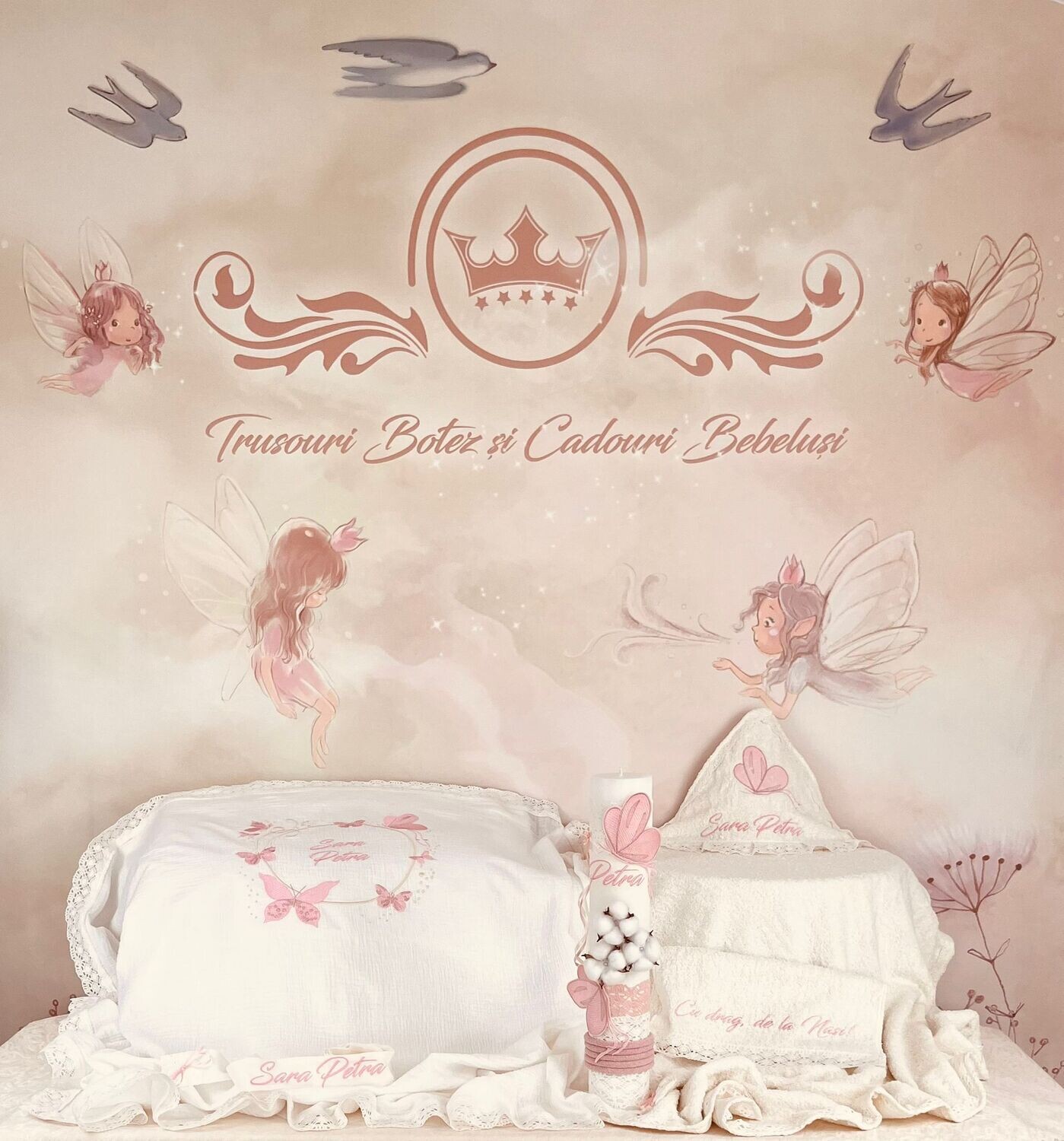 Trusou Botez Muselina Bumbac si Fluturi​ 5- Set Biserica
