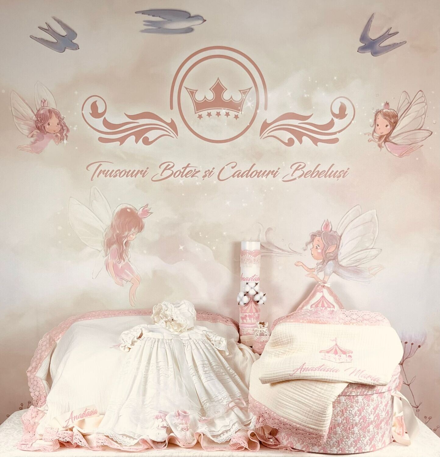 Trusou Botez Personalizat Muselina Carusel new - Set Biserica