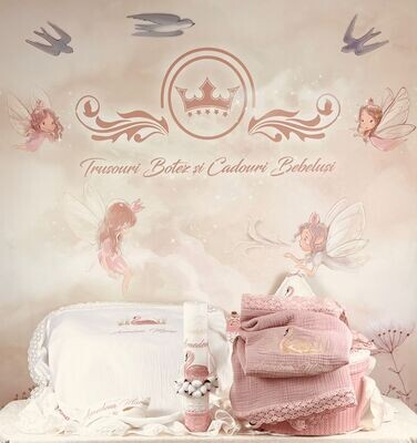 Trusou Botez Muslin Personalizat Lebada roz - Set Biserica