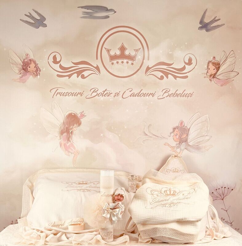 Trusou Botez Personalizat Muselina Royal - Set Biserica Premium Trusou Botez Personalizat Muselina Royal - Set Biserica Premium