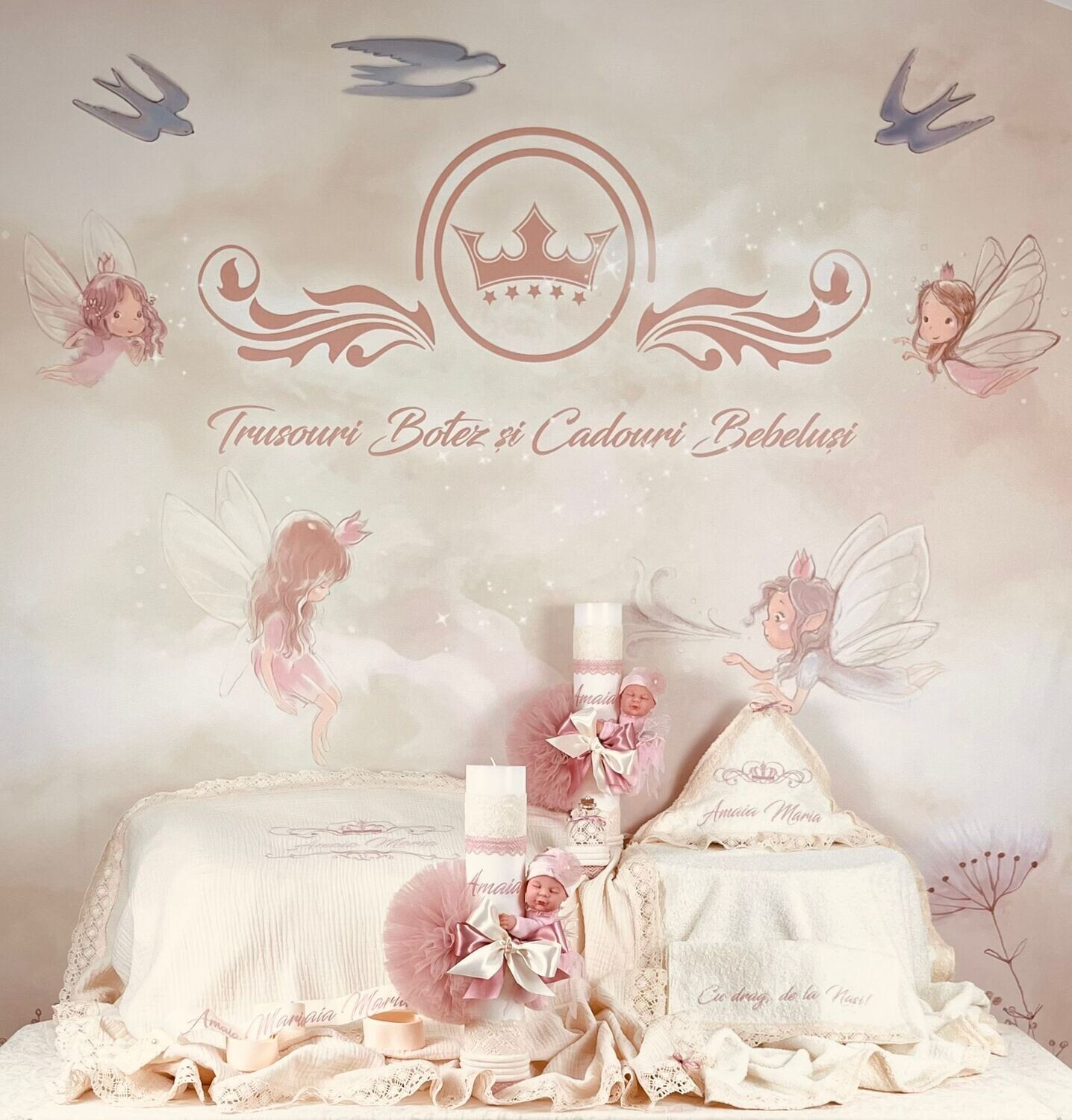 Trusou Botez Personalizat Muselina Royal  - Set Biserica Premium