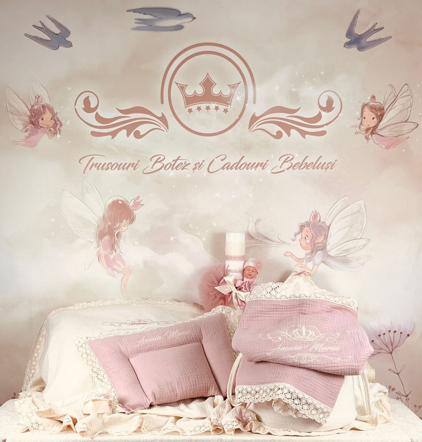Trusou Botez Personalizat Muselina Royal  - Set Biserica Premium