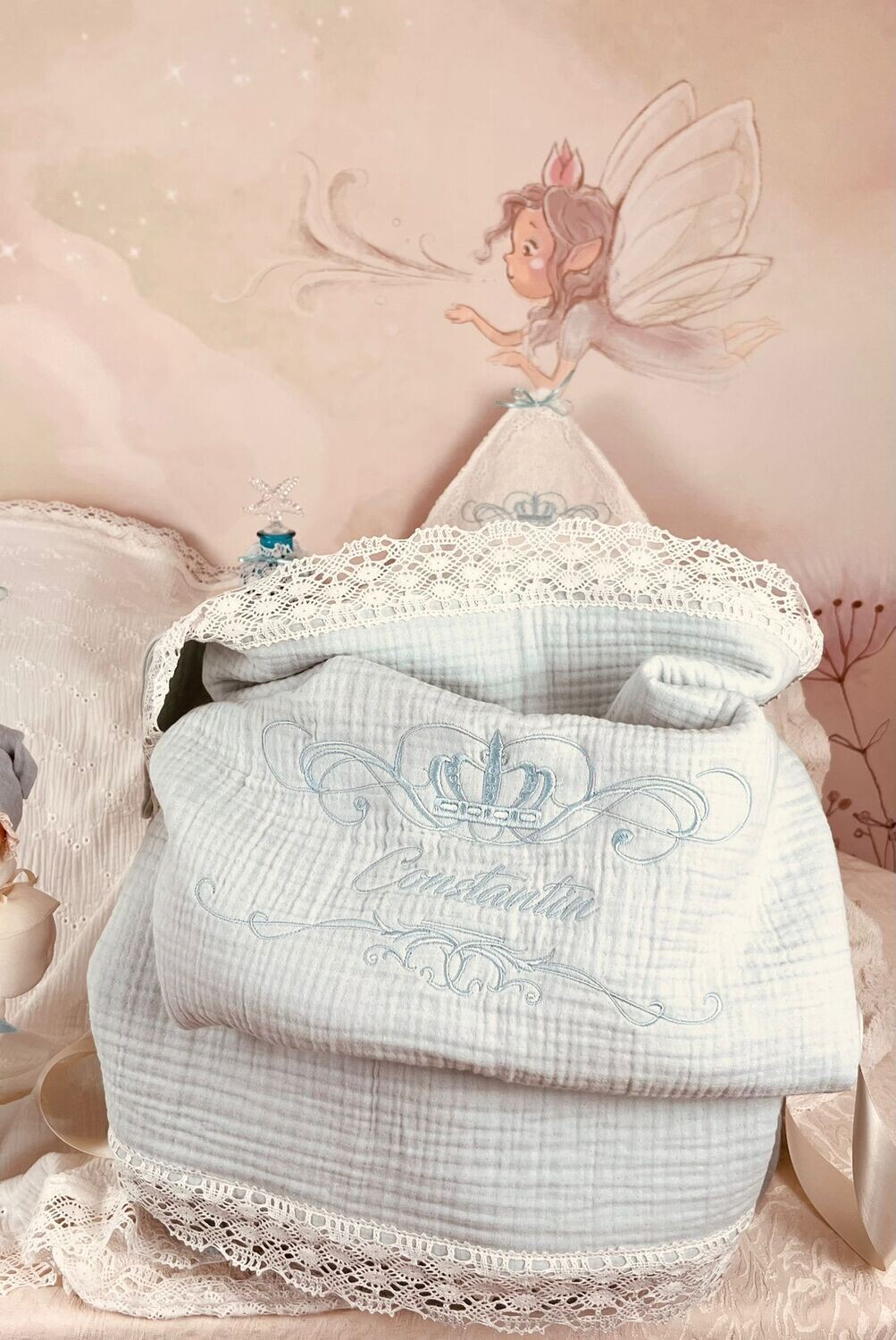 Trusou Botez Personalizat Muselina verde Aqua - Set Biserica