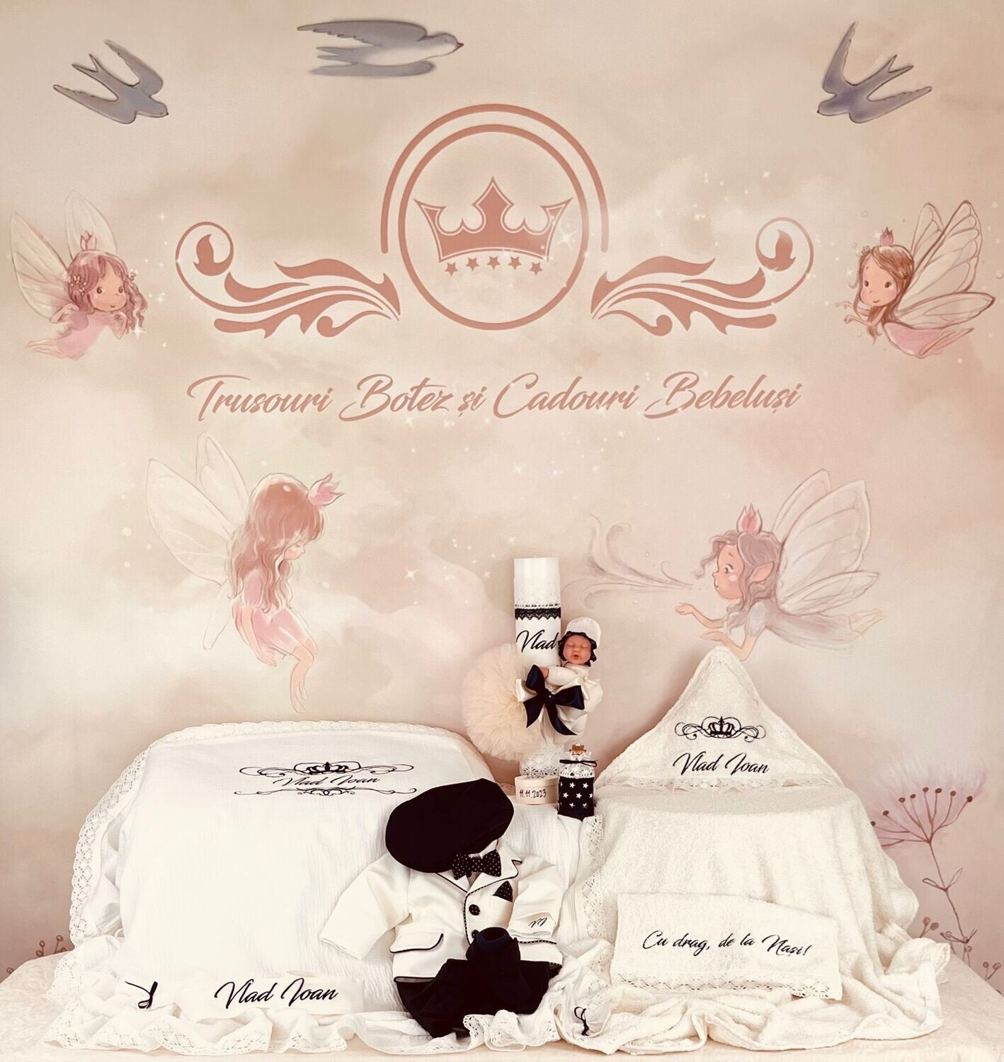 Trusou botez Muselina Royal Bleumarin - Set Biserica Premium